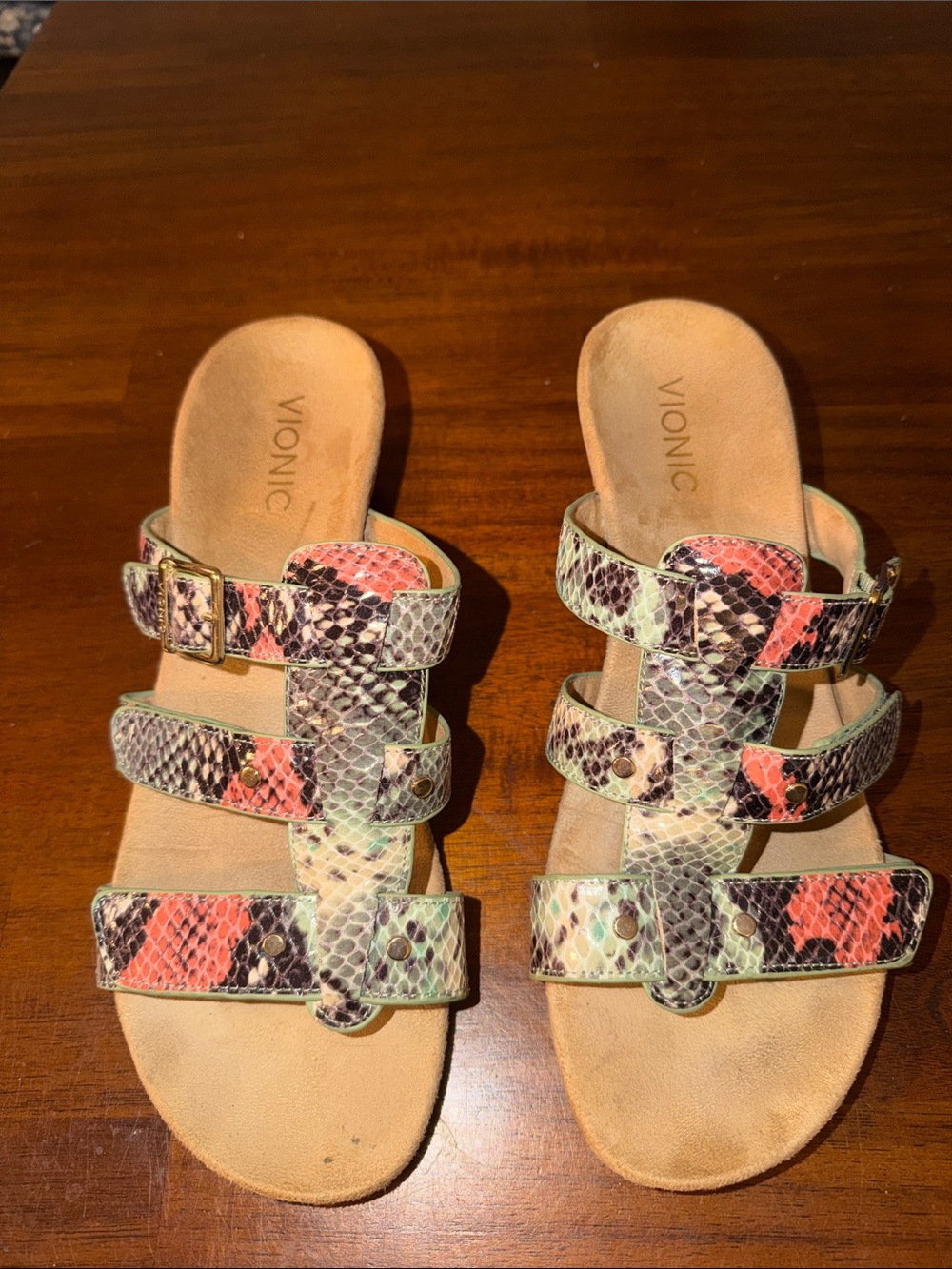 Vionic Radia Orthoheel Womens Adjustable 3 Strap Buckle Snakeskin Print Sandals